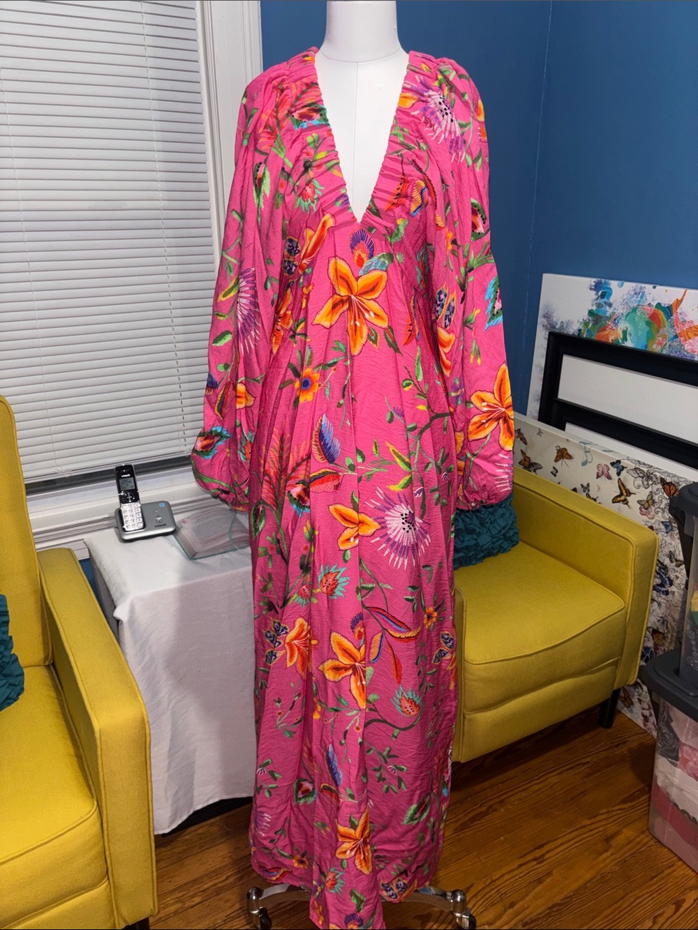Bright Pink Floral V-Neck Maxi Dress Robe